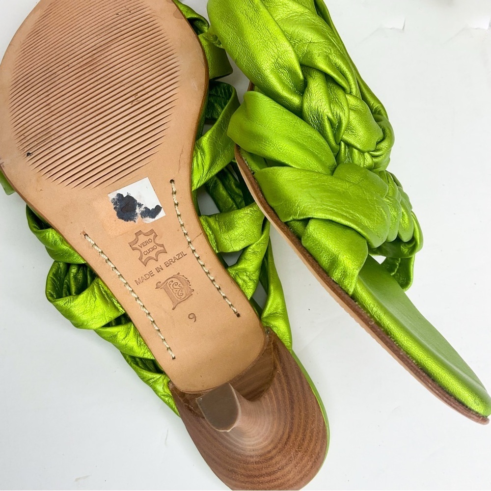 DIEGO DI LUCCA Green Leather Sandals | Metallic Braided Heels | Size 9 - Picture 7 of 8